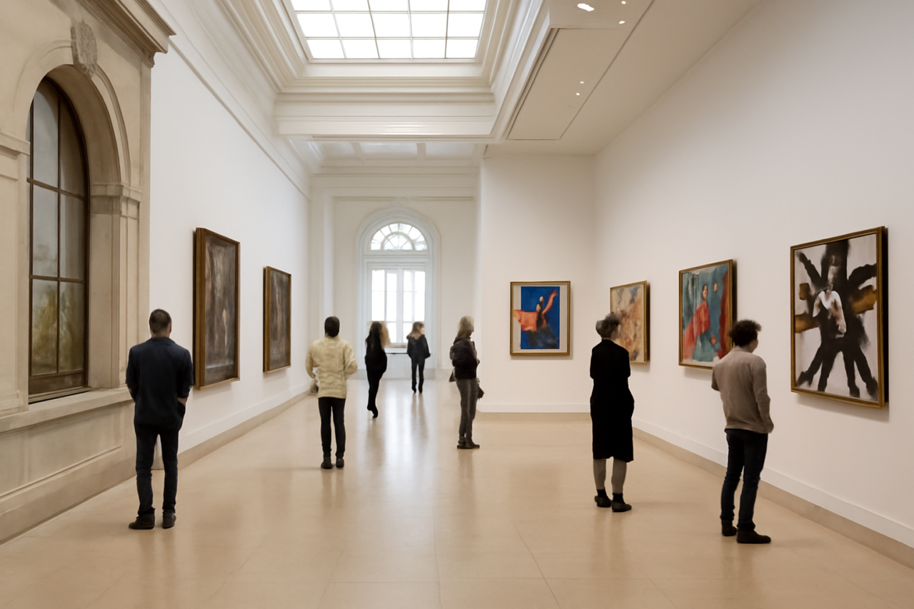 Suasana ruang pamer museum dan galeri seni dengan pengunjung
