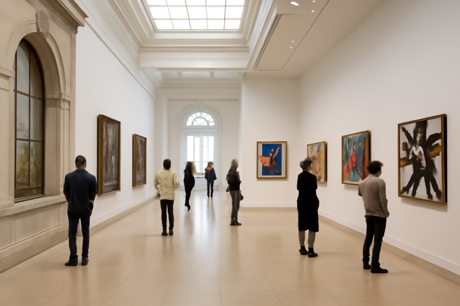 Suasana ruang pamer museum dan galeri seni dengan pengunjung