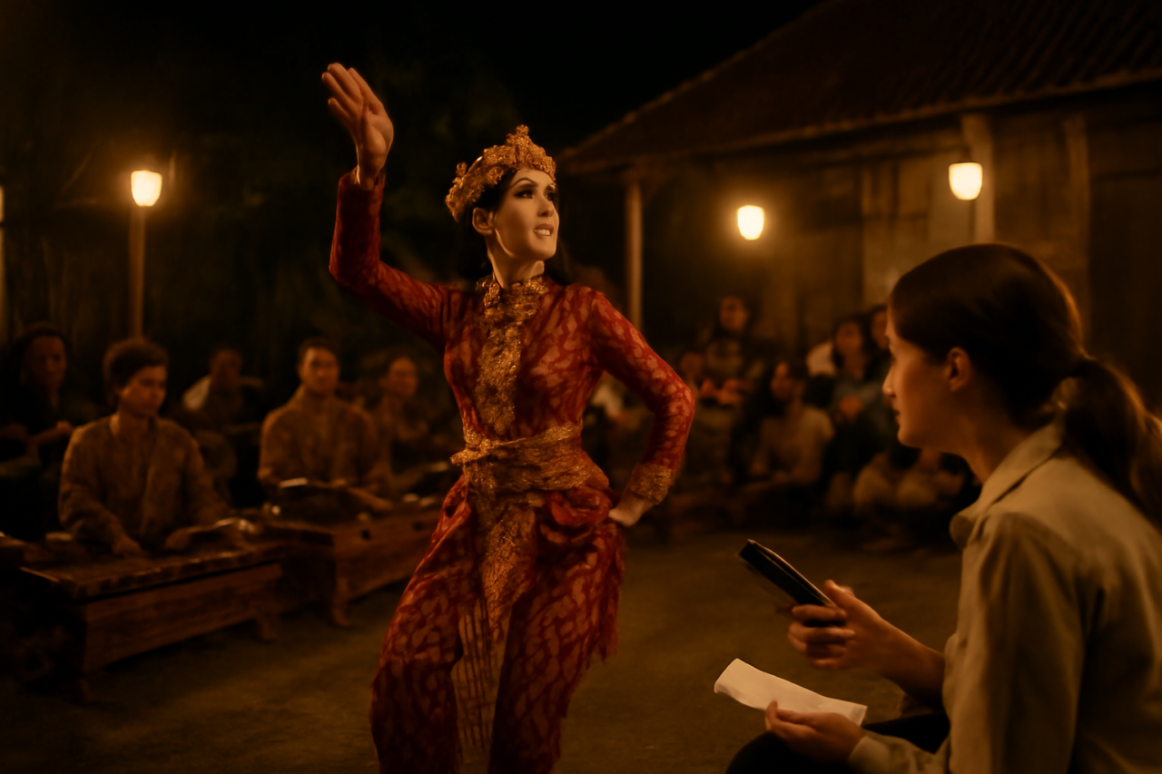 Pertunjukan tari tradisional di halaman kampung pada malam hari dengan pengiring gamelan dan peneliti yang mencatat