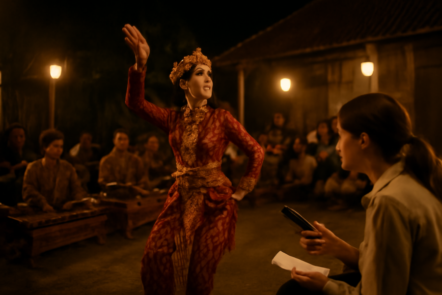 Pertunjukan tari tradisional di halaman kampung pada malam hari dengan pengiring gamelan dan peneliti yang mencatat